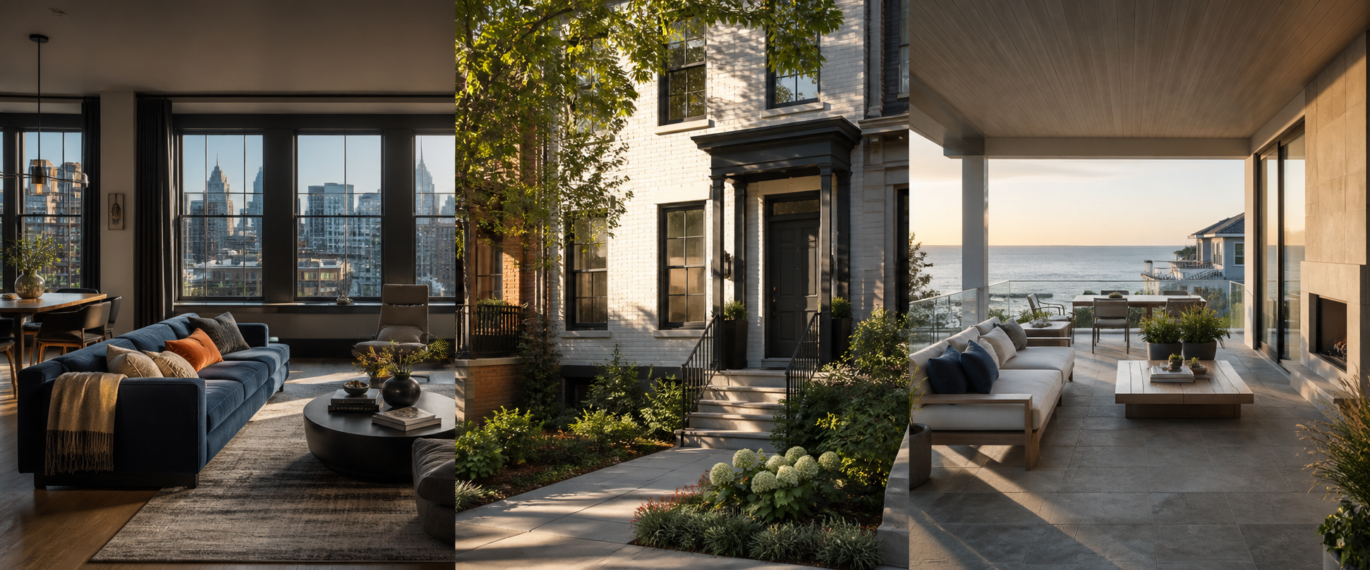 An urban apartment, a townhouse, and a Florida coastal home representing properties Outwyrd is built to manage